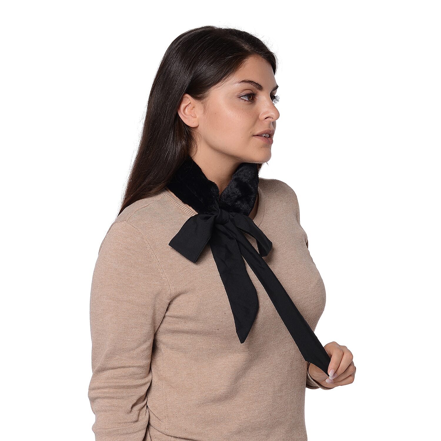 Set of 2 - Solid Colour and Dot Pattern Faux Fur Collar Scarf with Ribbon Strap (Size 7.62x48.3+63.5x5.08cm) - Solid Black and Wine