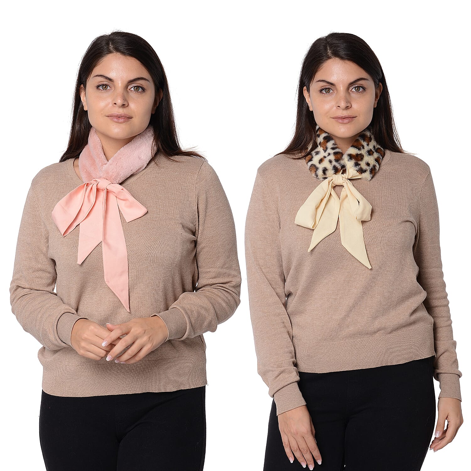 Set of 2 - Solid Colour and Leopard Pattern Faux Fur Collar Scarf with Ribbon Strap (Size 7.62x48.3+63.5x5.08cm) - Beige and Pink