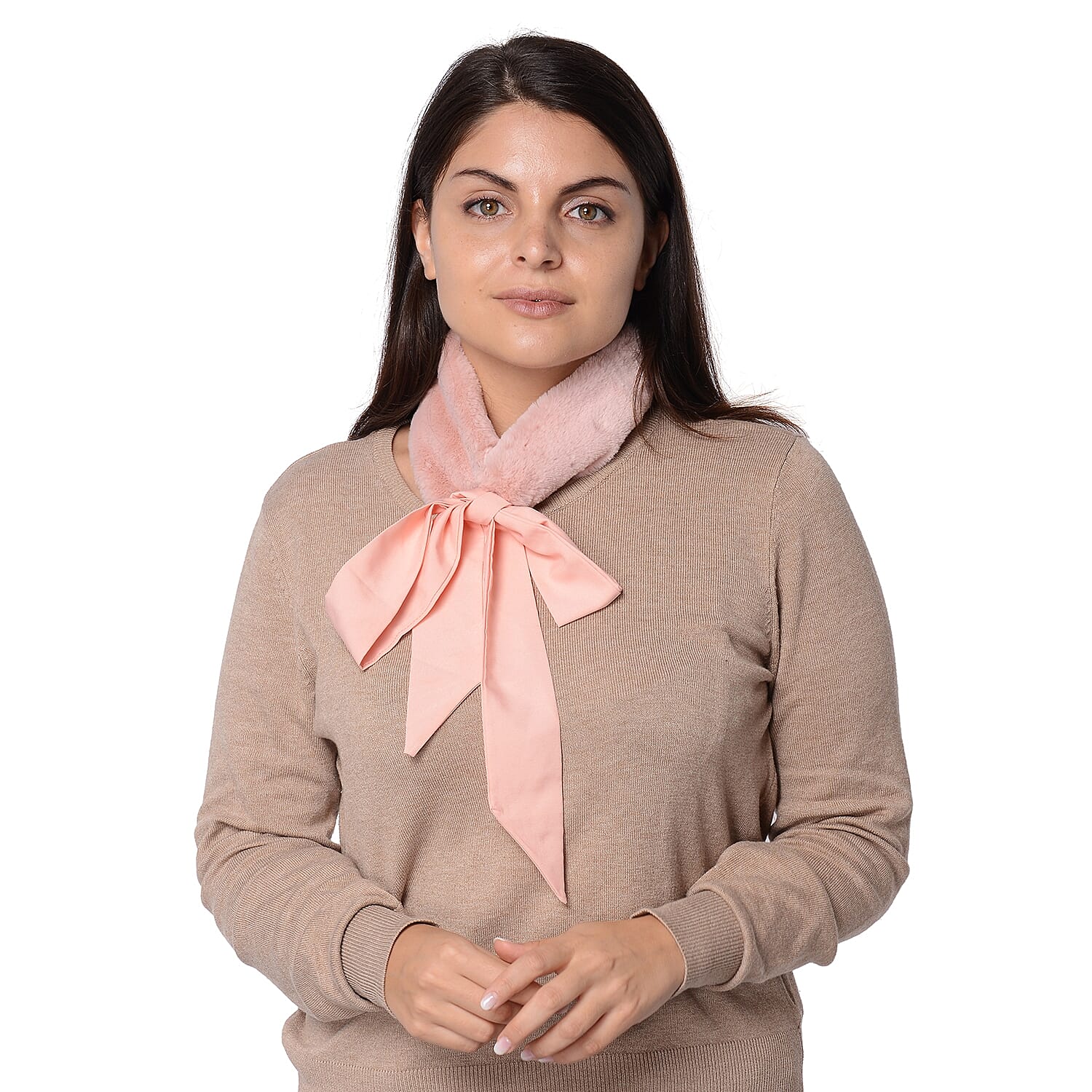 Set of 2 - Solid Colour and Leopard Pattern Faux Fur Collar Scarf with Ribbon Strap (Size 7.62x48.3+63.5x5.08cm) - Beige and Pink