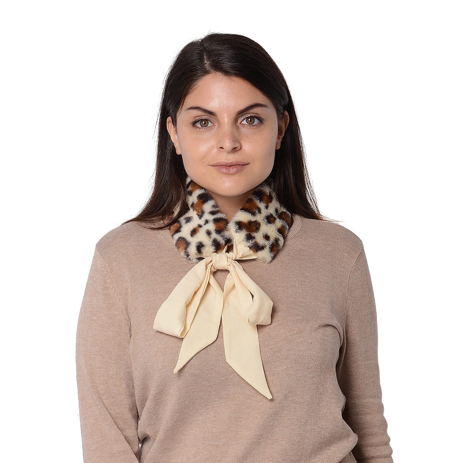 Set of 2 - Solid Colour and Leopard Pattern Faux Fur Collar Scarf with Ribbon Strap (Size 7.62x48.3+63.5x5.08cm) - Beige and Pink