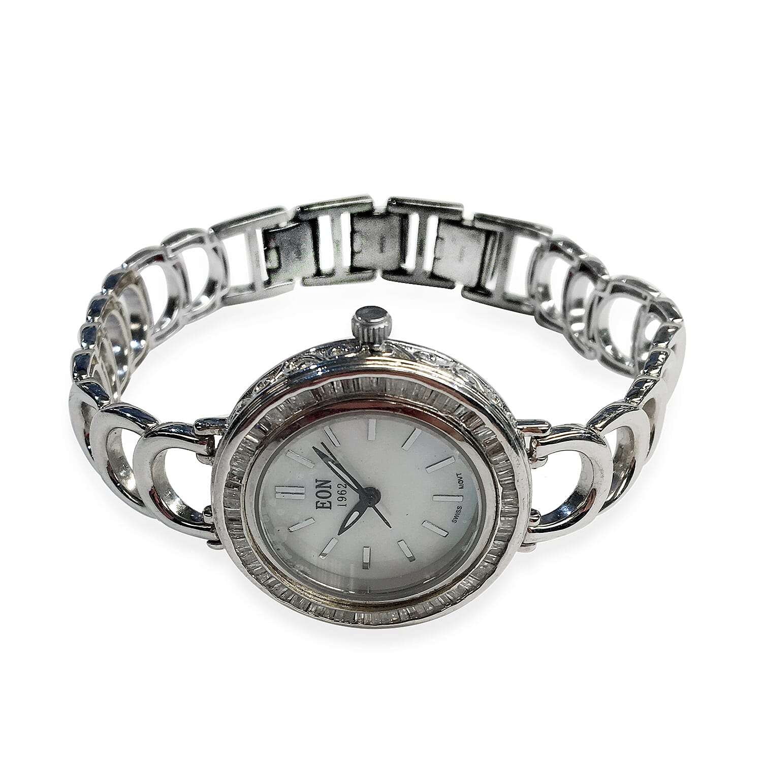 EON 1962 Swiss Movement Diamond Adorned Watch (Size 7 with 1 inch Extender) in Platinum Overlay with Black Plating Sterling Silver 0.75 Ct, Silver wt 23.00 Gms