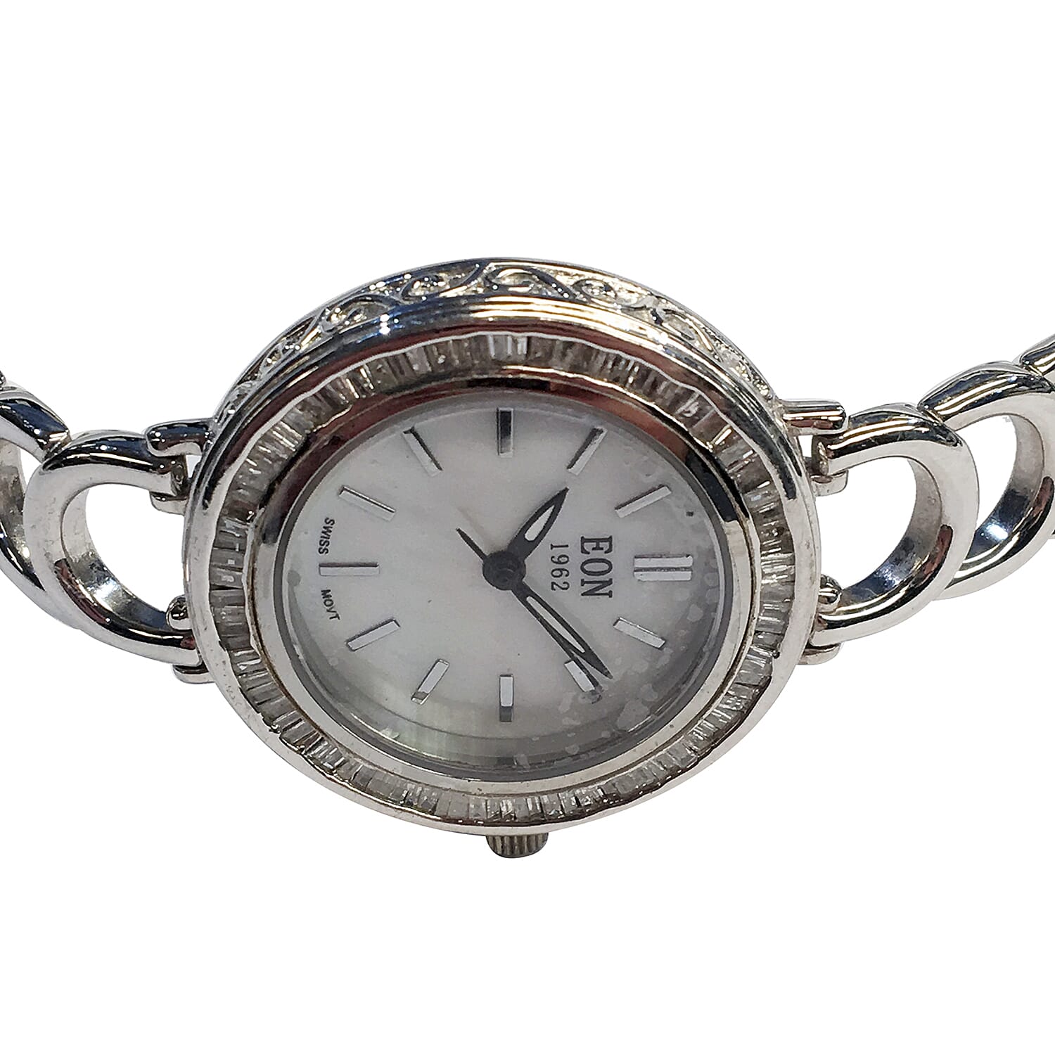 EON 1962 Swiss Movement Diamond Adorned Watch (Size 7 with 1 inch Extender) in Platinum Overlay with Black Plating Sterling Silver 0.75 Ct, Silver wt 23.00 Gms