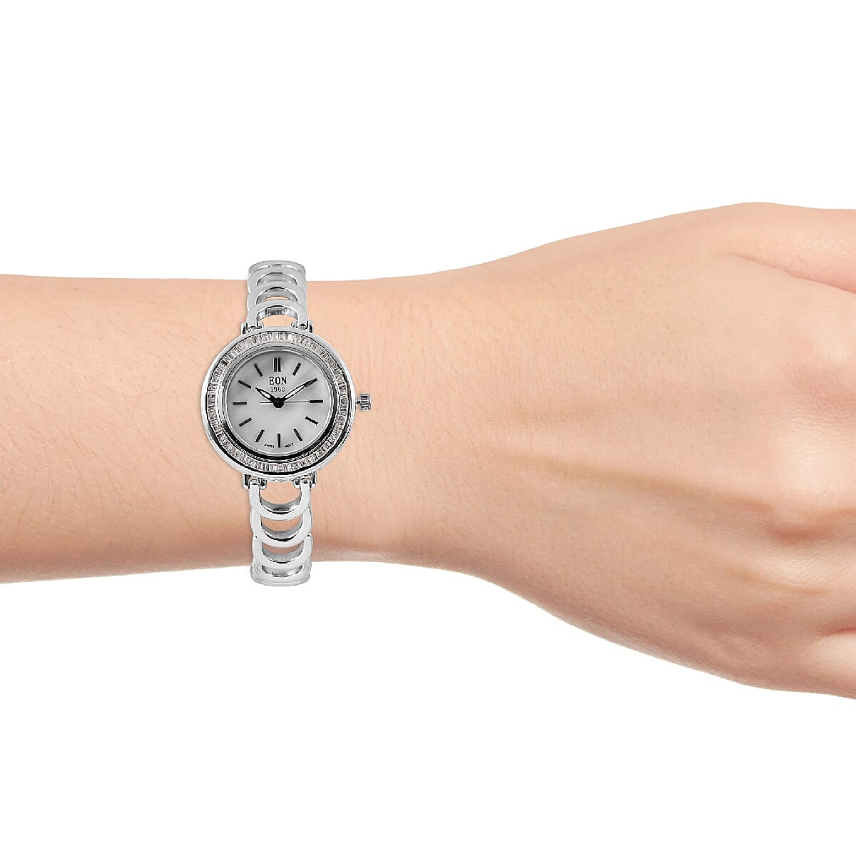 EON 1962 Swiss Movement Diamond Adorned Watch (Size 7 with 1 inch Extender) in Platinum Overlay with Black Plating Sterling Silver 0.75 Ct, Silver wt 23.00 Gms