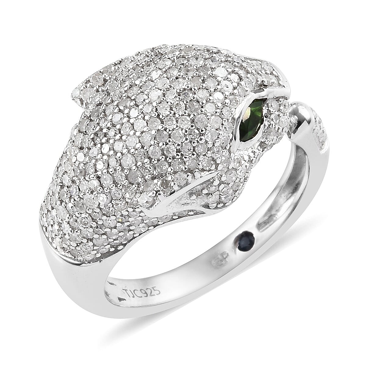 GP Diamond (Rnd), Blue Sapphire and Chrome Diopside Panther Ring in Platinum Overlay Sterling Silver 1.27 Ct, Silver wt. 5.49 Gms, Number of Diamond 293