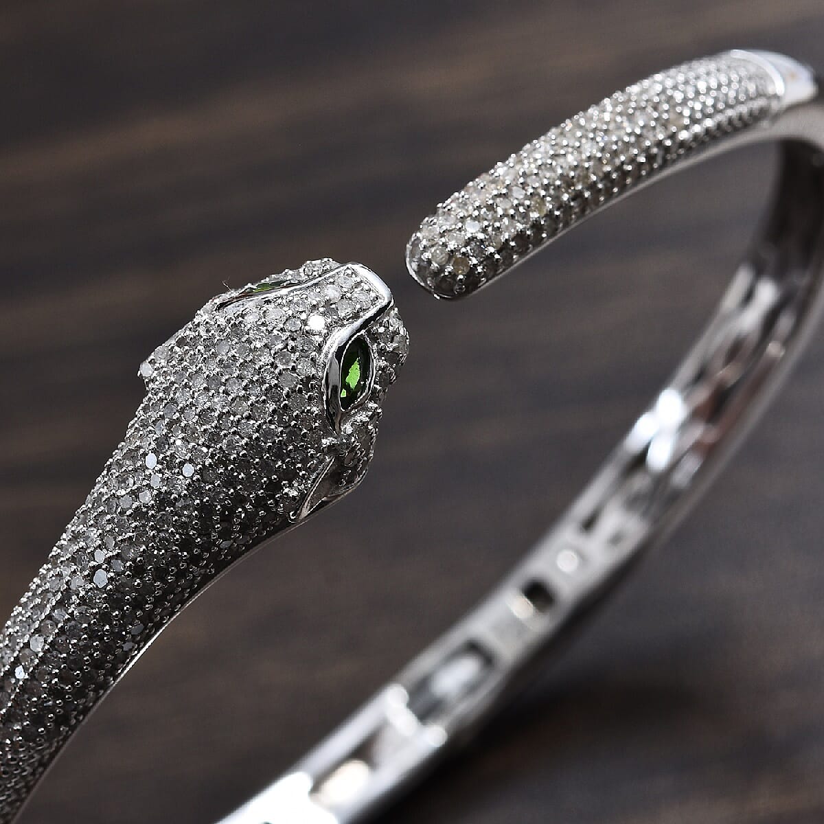 GP - Natural Chrome Diopside and Diamond Panther Head Bangle Size 7.5) in Platinum Overlay Sterling Silver 2.020 Ct, Silver Wt. 24.08 Gms