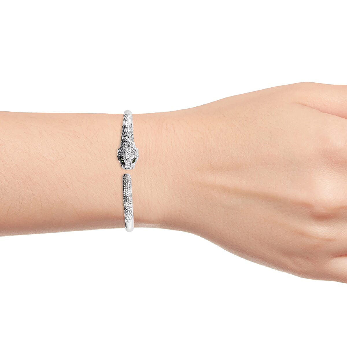 GP - Natural Chrome Diopside and Diamond Panther Head Bangle Size 7.5) in Platinum Overlay Sterling Silver 2.020 Ct, Silver Wt. 24.08 Gms