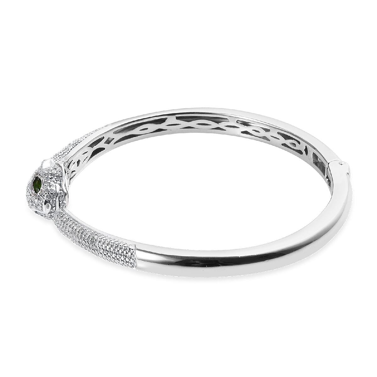 GP - Natural Chrome Diopside and Diamond Panther Head Bangle Size 7.5) in Platinum Overlay Sterling Silver 2.020 Ct, Silver Wt. 24.08 Gms