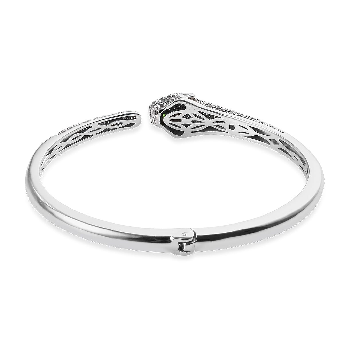 GP - Natural Chrome Diopside and Diamond Panther Head Bangle Size 7.5) in Platinum Overlay Sterling Silver 2.020 Ct, Silver Wt. 24.08 Gms