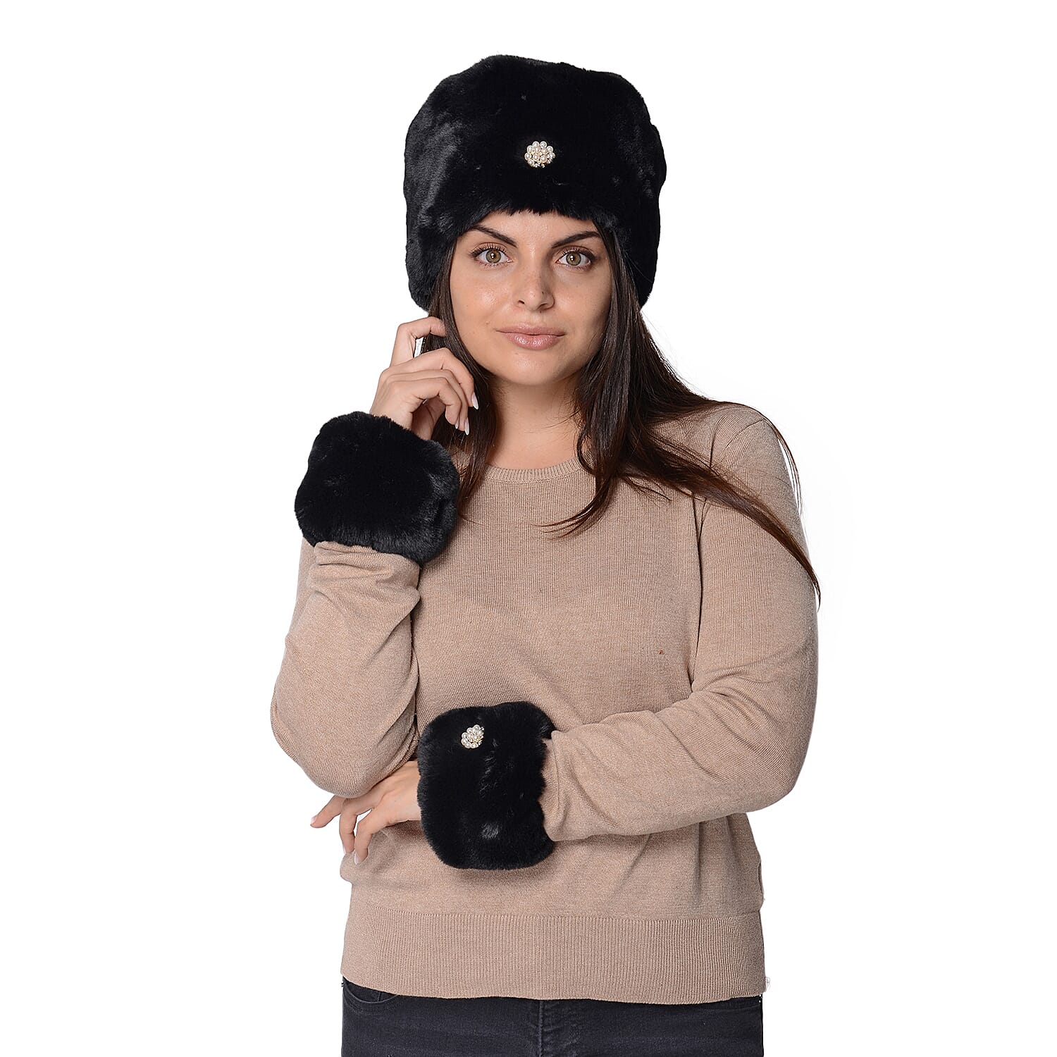 2 Piece Set - Faux Fur Cossack Hat (Size 15.2x58.4 Cm) and Wrist Warmer Cuff (Size 10.2x17.8 cm) with Simulated Pearl Brooch - Black