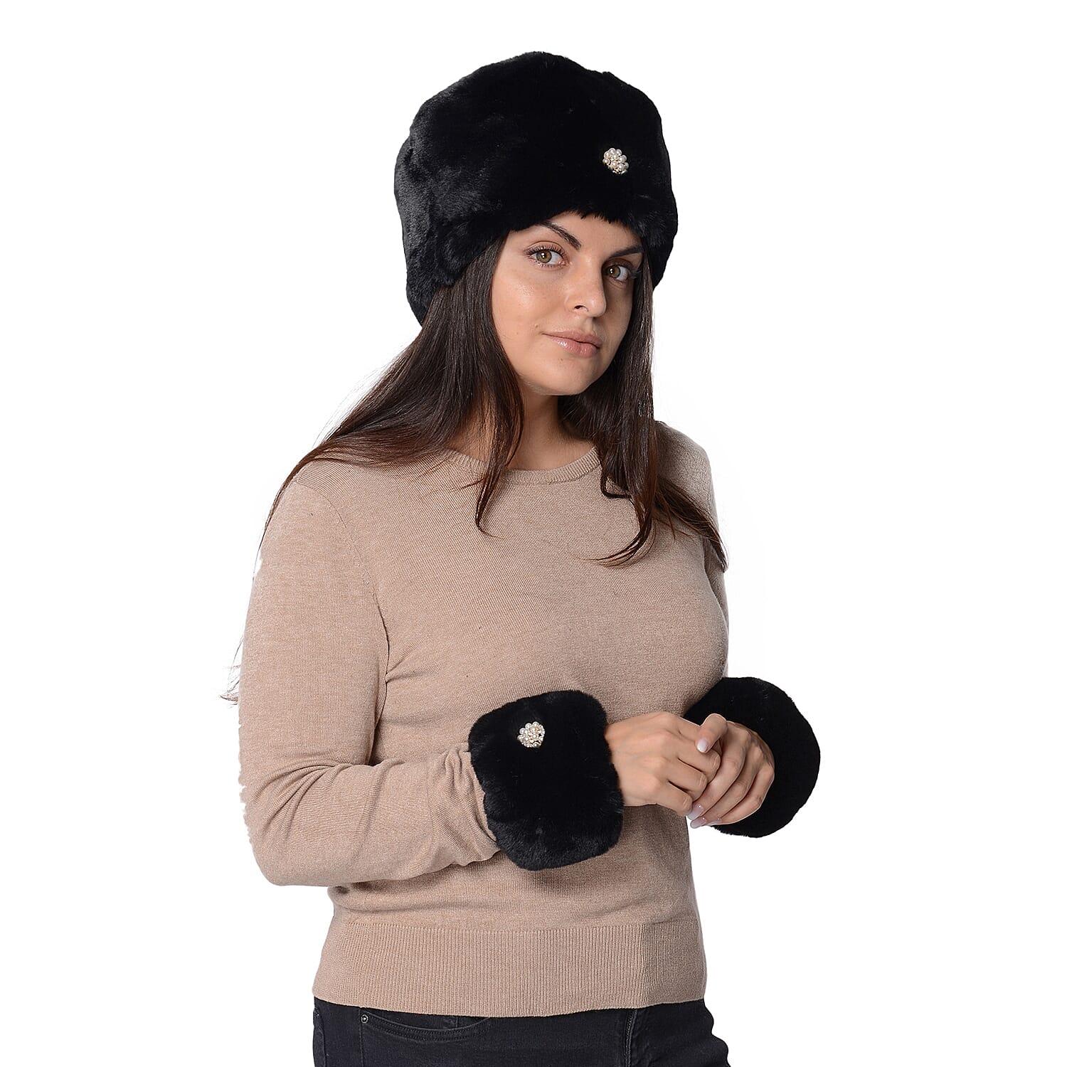 2 Piece Set - Faux Fur Cossack Hat (Size 15.2x58.4 Cm) and Wrist Warmer Cuff (Size 10.2x17.8 cm) with Simulated Pearl Brooch - Black