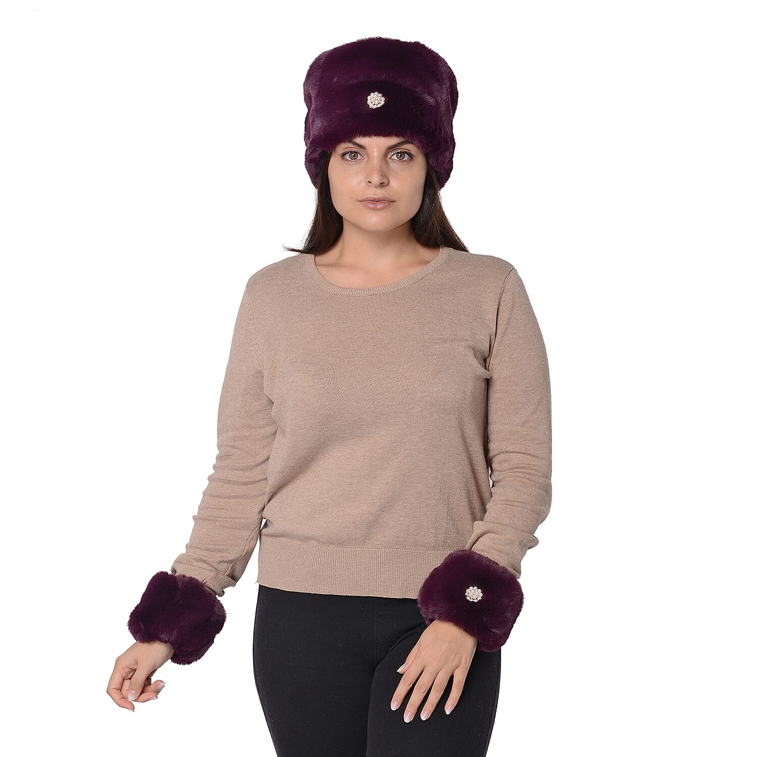 2 Piece Set - Faux Fur Cossack Hat (Size 15.2x58.4 Cm) and Wrist Warmer Cuff (Size 10.2x17.8 cm) with Simulated Pearl Brooch - Wine