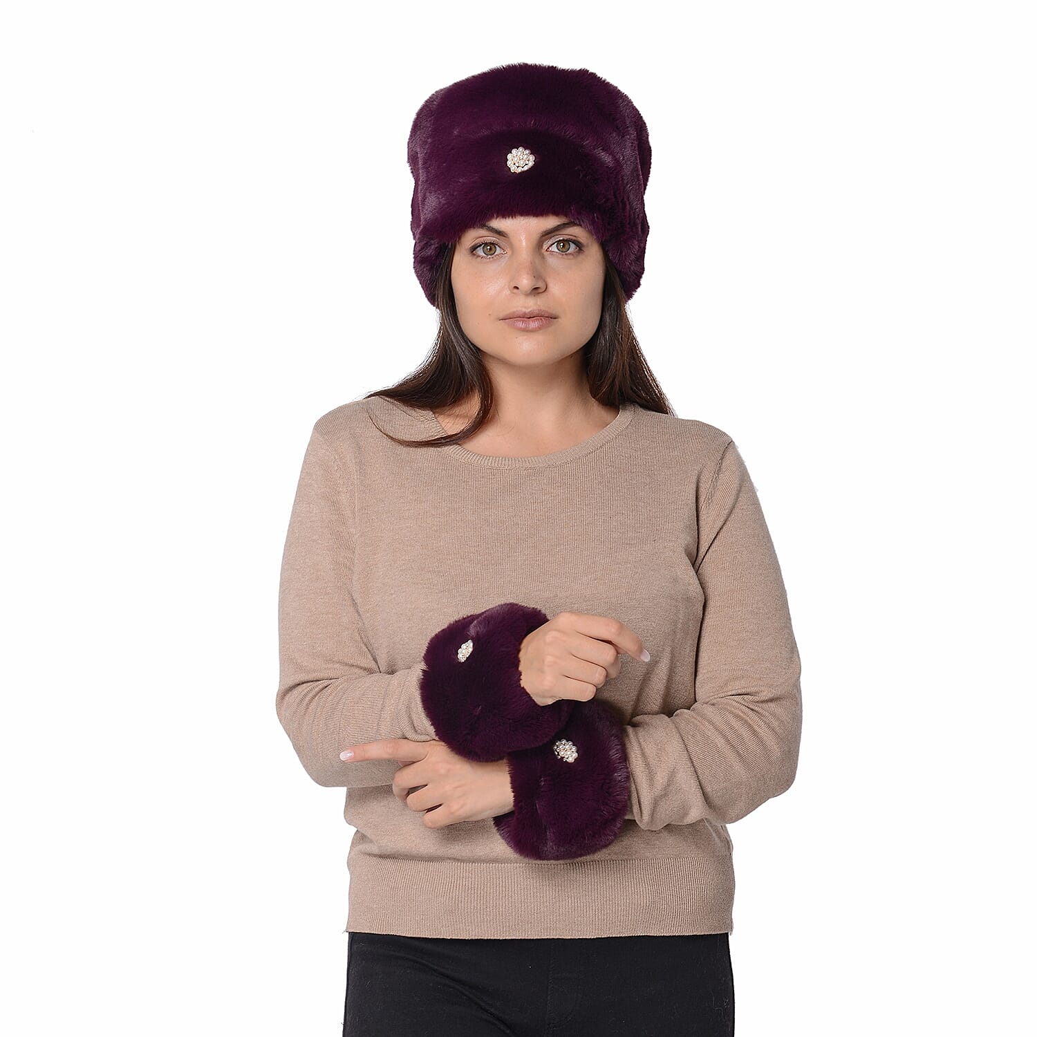 2 Piece Set - Faux Fur Cossack Hat (Size 15.2x58.4 Cm) and Wrist Warmer Cuff (Size 10.2x17.8 cm) with Simulated Pearl Brooch - Wine