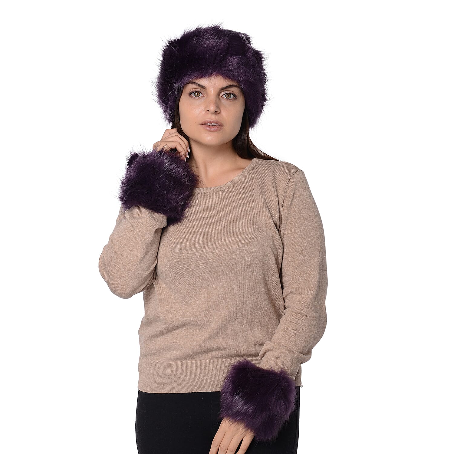 2 Piece Set - Faux Fur Headband (Size 10.2x55.9 Cm) and Wrist Warmer (Size 10.2x20.3 Cm) - Dark Purple