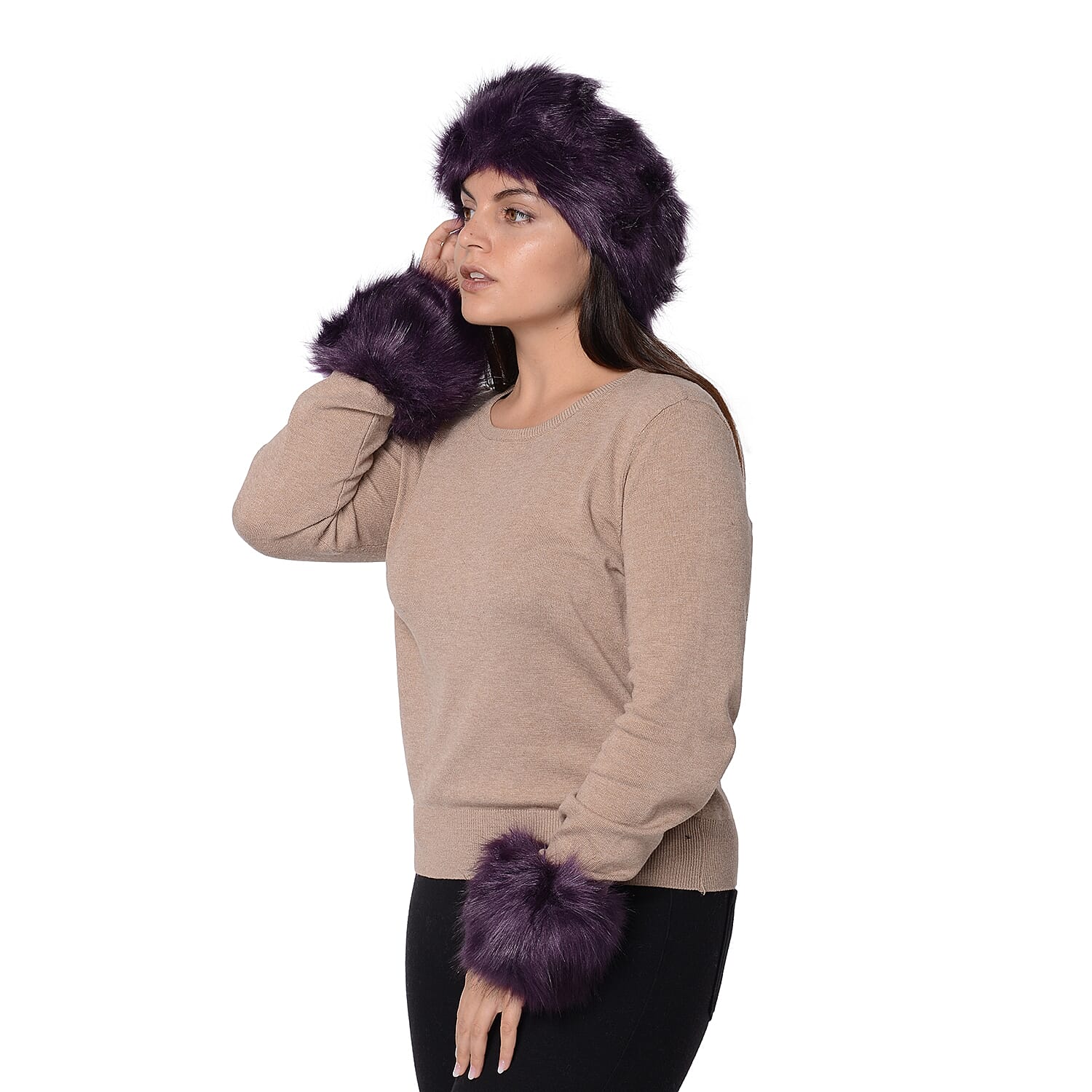 2 Piece Set - Faux Fur Headband (Size 10.2x55.9 Cm) and Wrist Warmer (Size 10.2x20.3 Cm) - Dark Purple