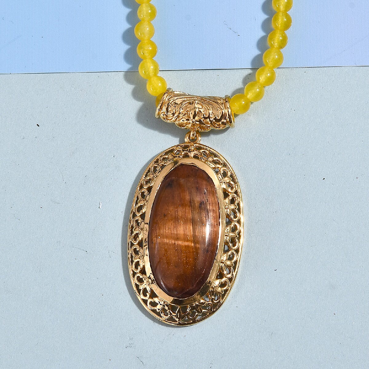 Red Tiger Eye (Ovl 30x15 mm), Yellow Quartz Necklace (Size 20) in 18K Yellow Gold Plated 85.75 Ct.