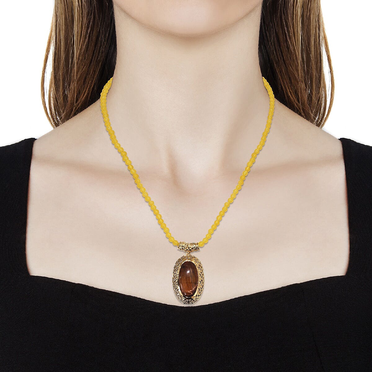 Red Tiger Eye (Ovl 30x15 mm), Yellow Quartz Necklace (Size 20) in 18K Yellow Gold Plated 85.75 Ct.
