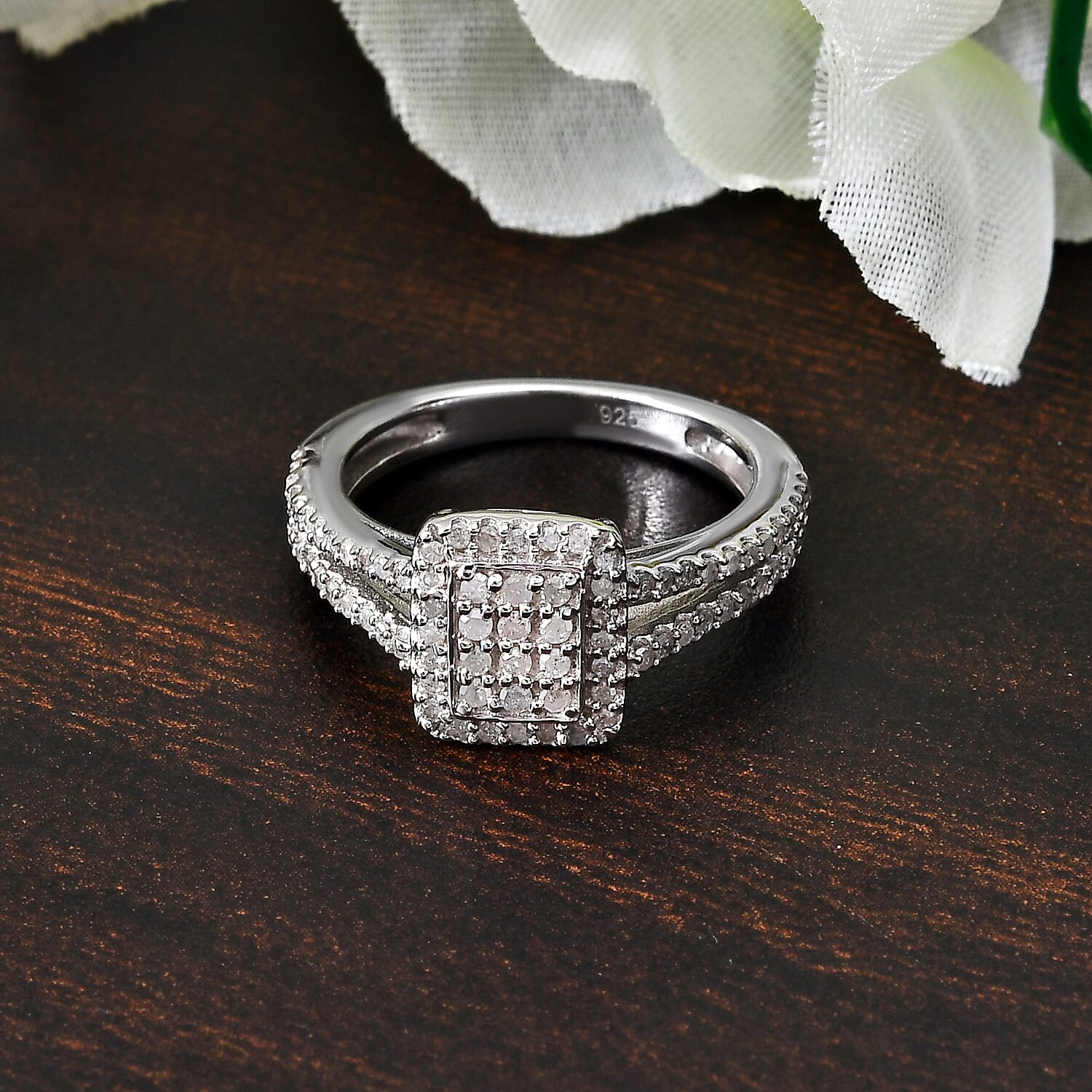 Natural Diamond Ring in Platinum Overlay Sterling Silver 0.50 Ct.