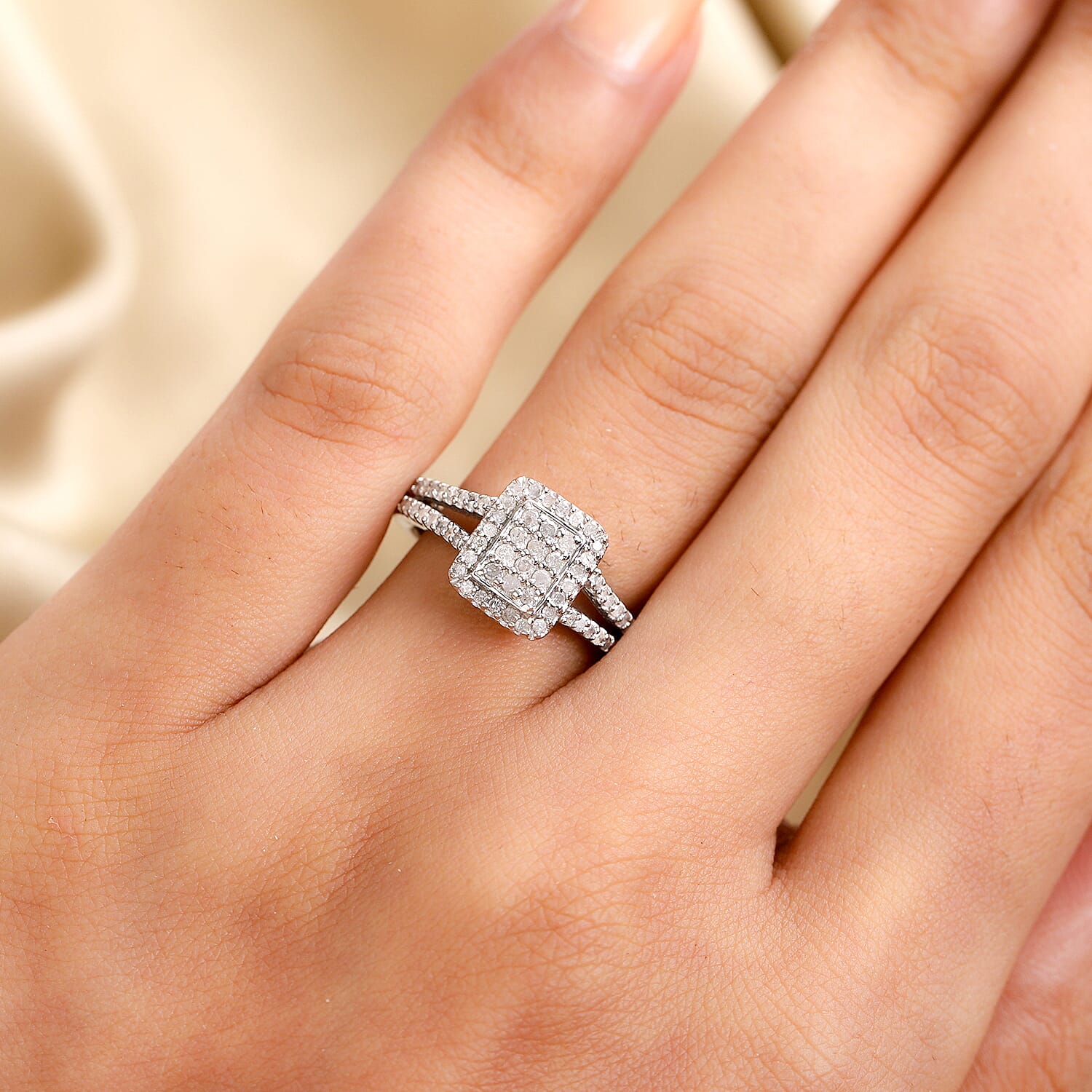 Natural Diamond Ring in Platinum Overlay Sterling Silver 0.50 Ct.