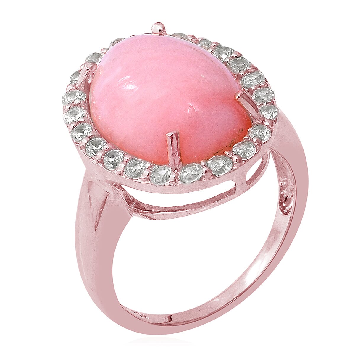 Peruvian Pink Opal (Ovl 16x12 mm), Natural White Cambodian Zircon Ring in Rose Gold Overlay Sterling Silver 8.65 Ct.