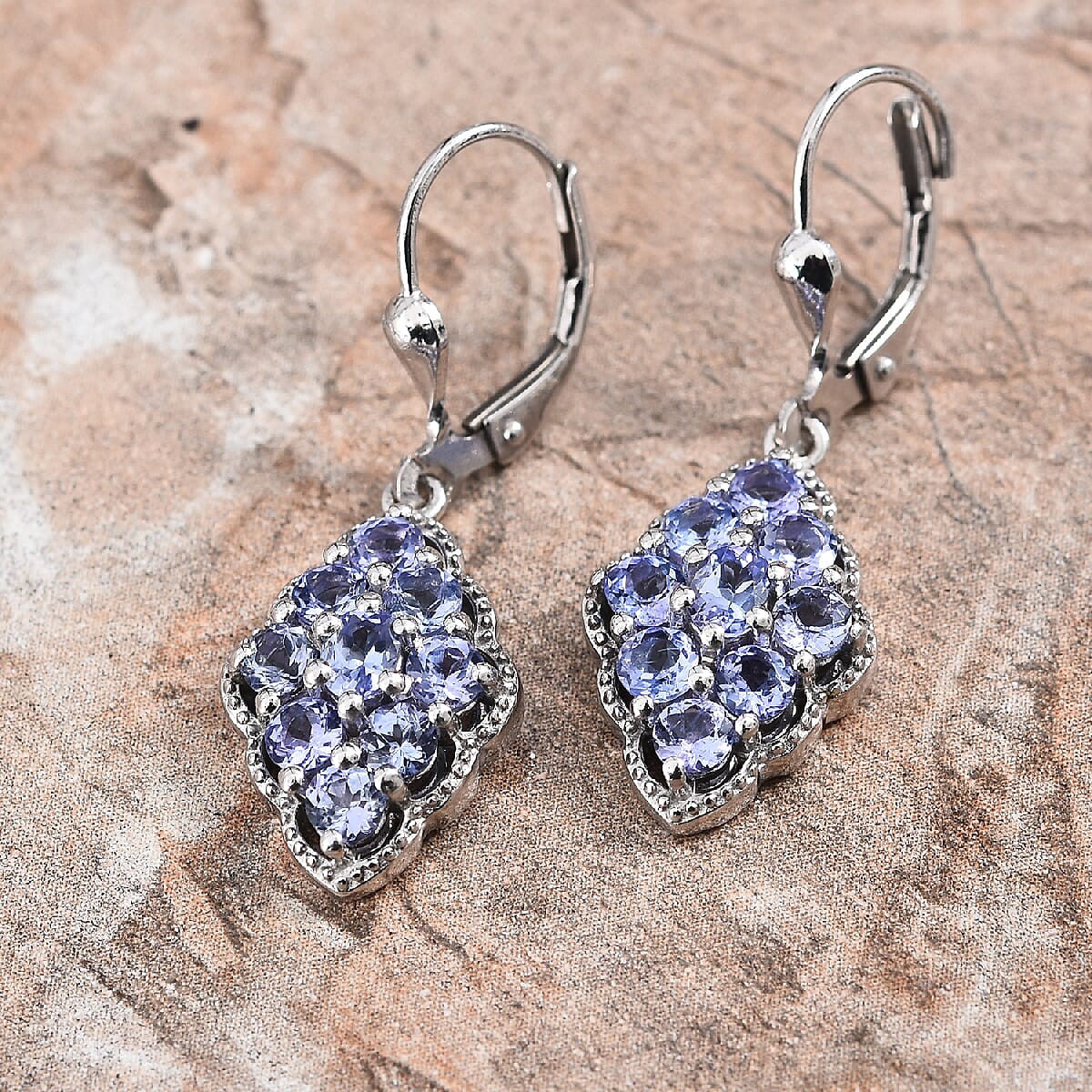 AA Tanzanite (Rnd and Ovl) Lever Back Earrings in Platinum Overlay Sterling Silver 2.25 Ct.