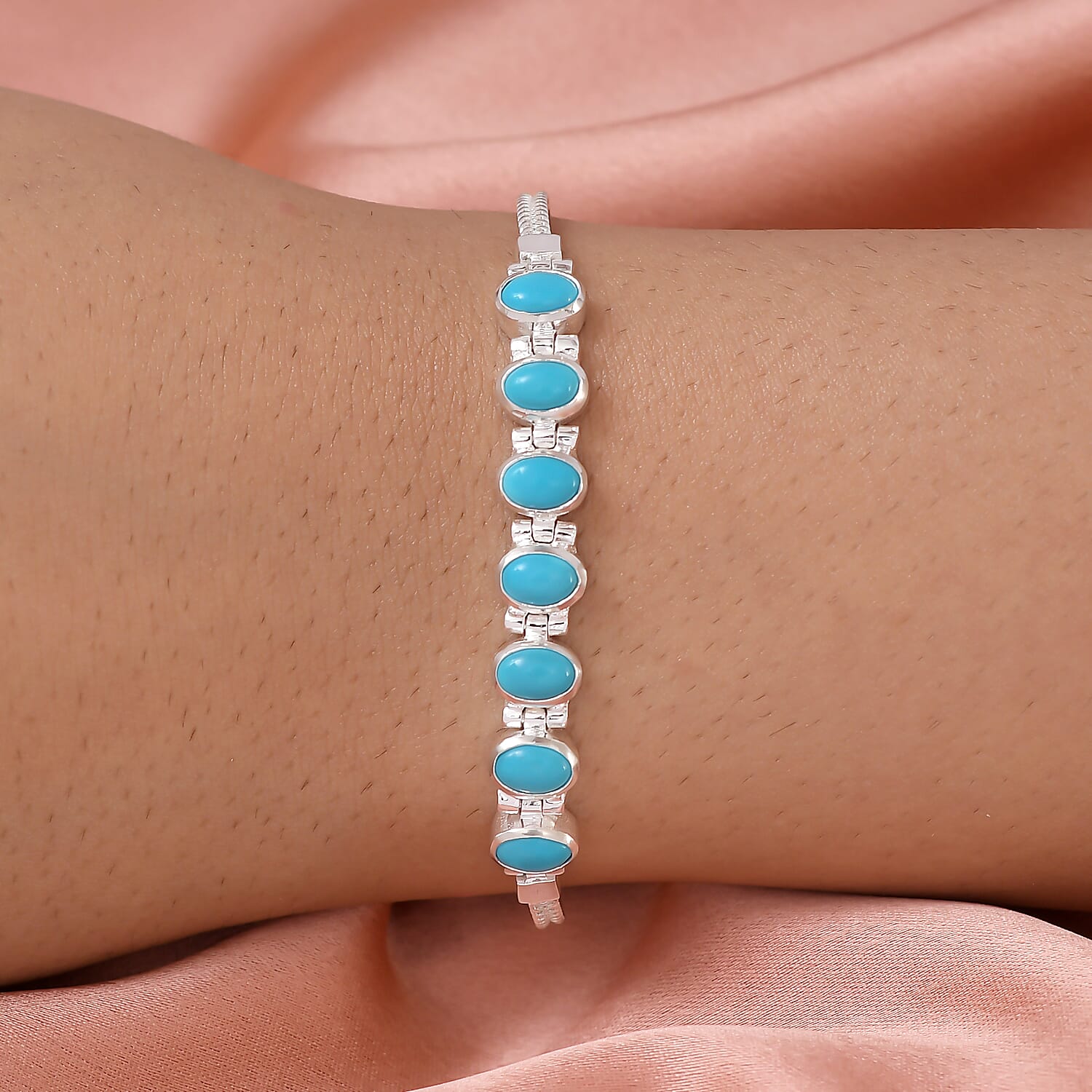 Close Out Deal - Arizona Sleeping Beauty Turquoise (Ovl) Foxtail Chain Bracelet (Size 7.5 with Extender) in Sterling Silver 3.07 Ct, Silver wt 8.22 Gms