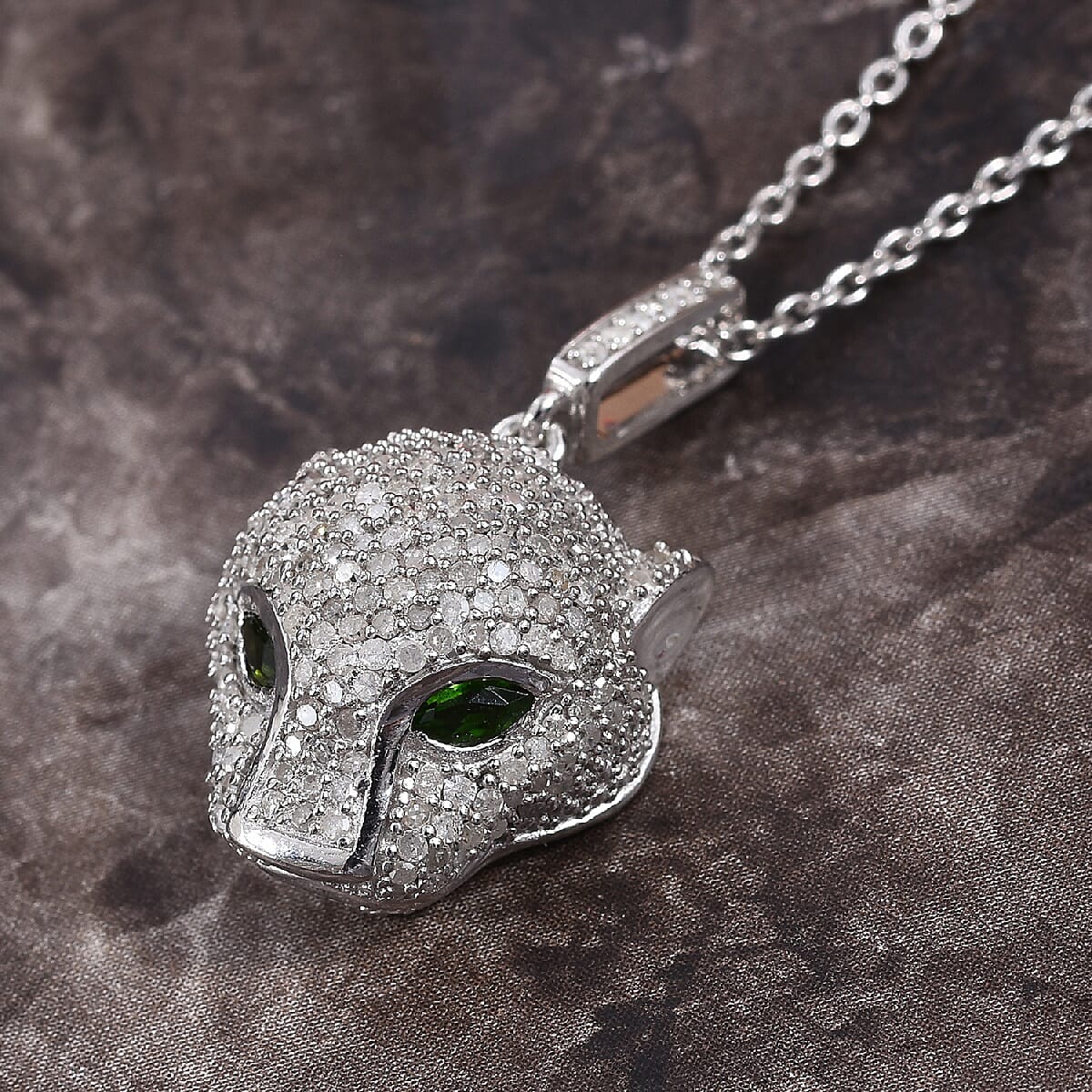 GP - White Diamond and Natural Chrome Diopside Panther Head Pendant with Chain (Size 20) in Platinum Overlay Sterling Silver 1.00 Ct, Silver wt. 5.30 Gms