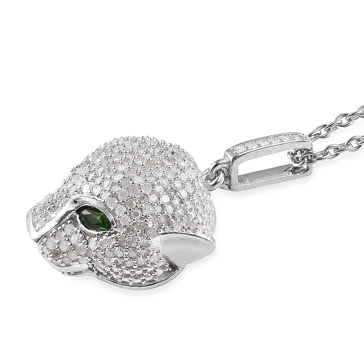 GP - White Diamond and Natural Chrome Diopside Panther Head Pendant with Chain (Size 20) in Platinum Overlay Sterling Silver 1.00 Ct, Silver wt. 5.30 Gms