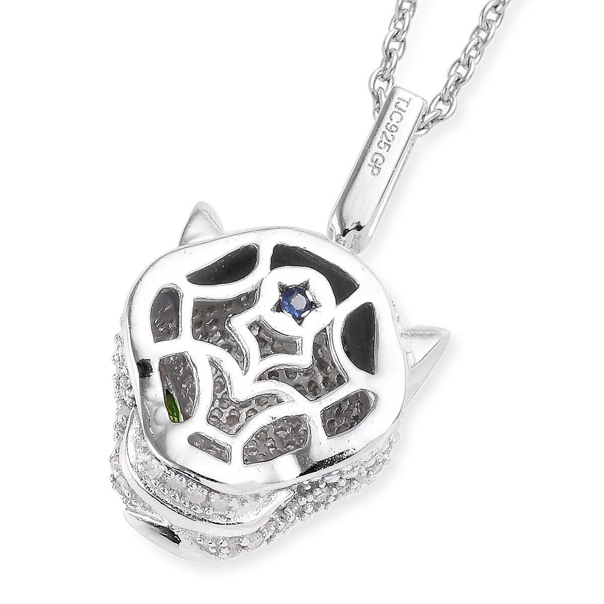 GP - White Diamond and Natural Chrome Diopside Panther Head Pendant with Chain (Size 20) in Platinum Overlay Sterling Silver 1.00 Ct, Silver wt. 5.30 Gms