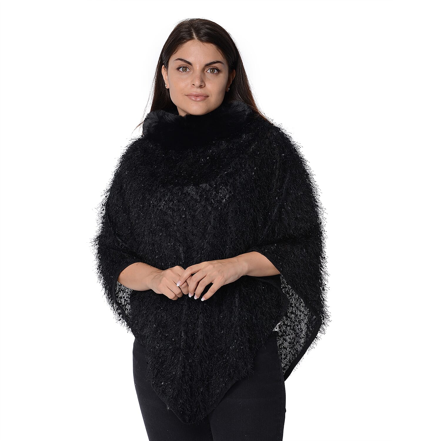 Winter Poncho with Faux Fur Collar (Size 83x97 Cm) - Black