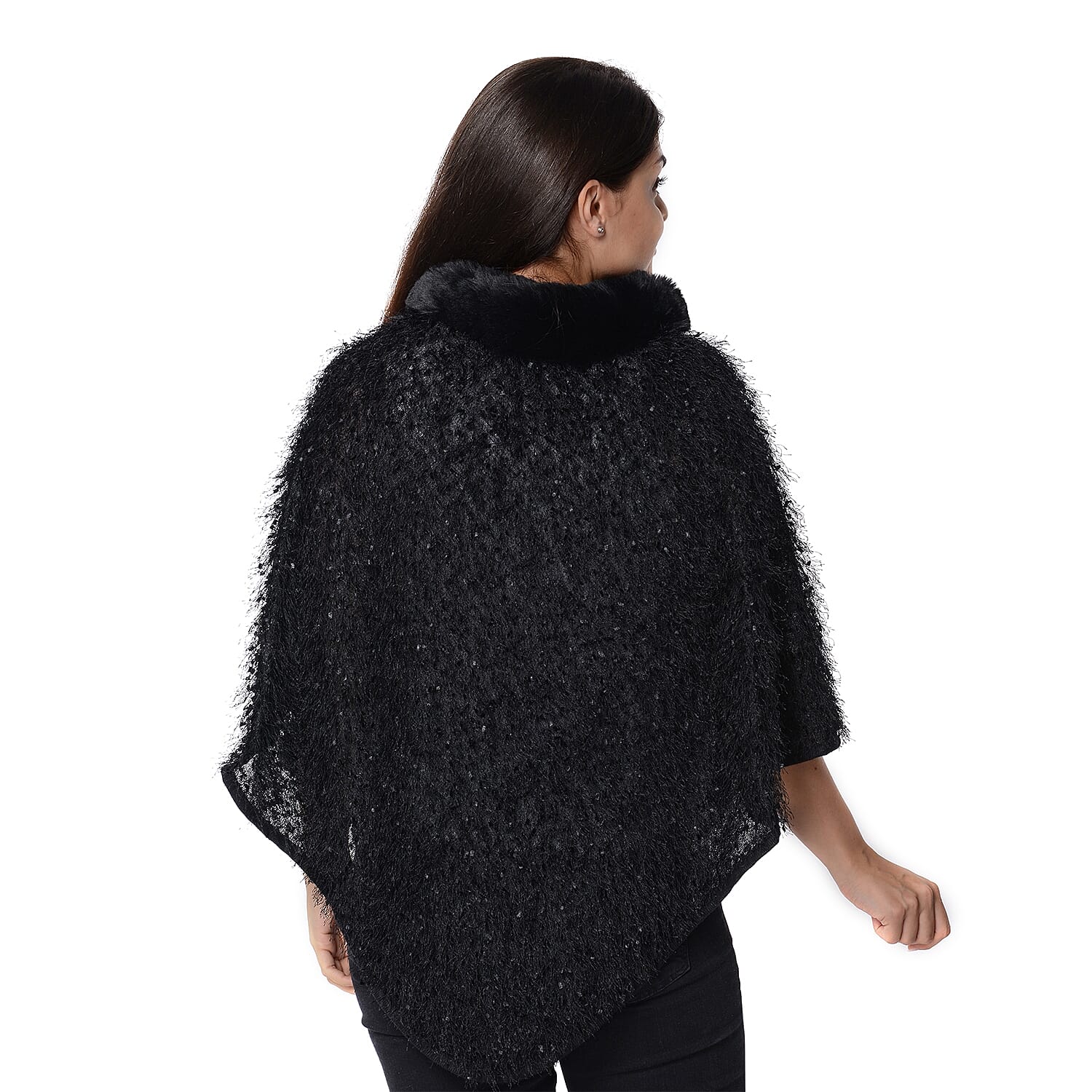 Winter Poncho with Faux Fur Collar (Size 83x97 Cm) - Black