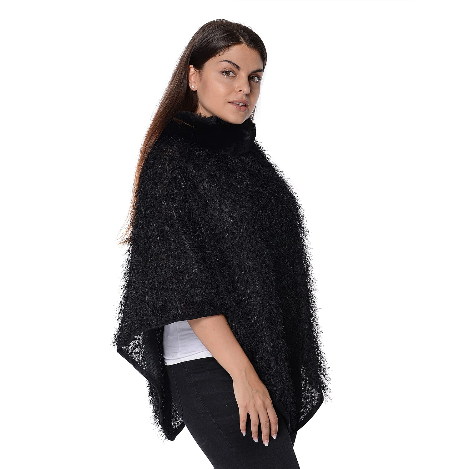 Winter Poncho with Faux Fur Collar (Size 83x97 Cm) - Black