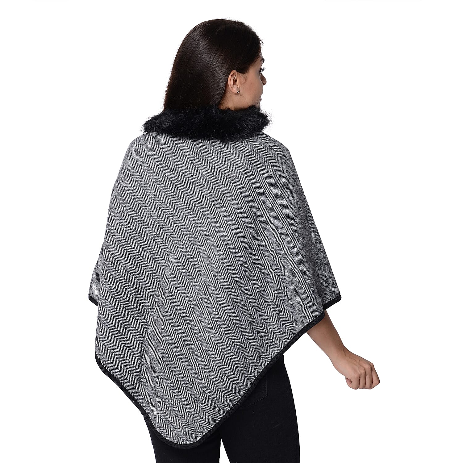 One Time Close Out Deal - Pied De Poule Pattern Winter Poncho with Faux Fur Collar (Size 83x97 Cm) - Grey and Black