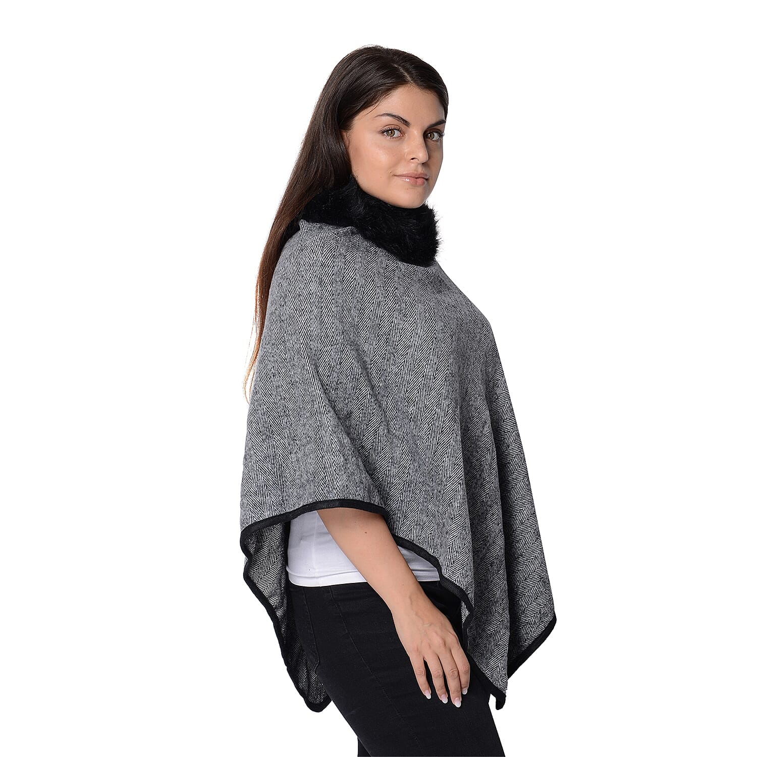 One Time Close Out Deal - Pied De Poule Pattern Winter Poncho with Faux Fur Collar (Size 83x97 Cm) - Grey and Black
