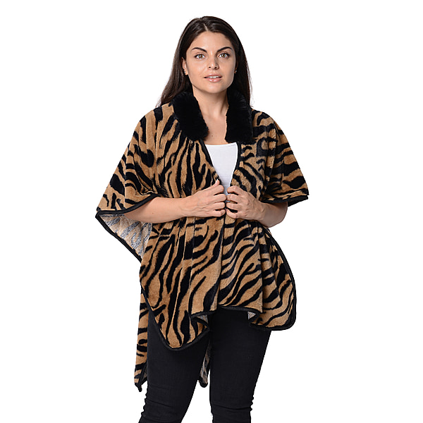 Tiger Pattern Winter Kimono with Faux Fur Collar (Size 79x99 Cm ...