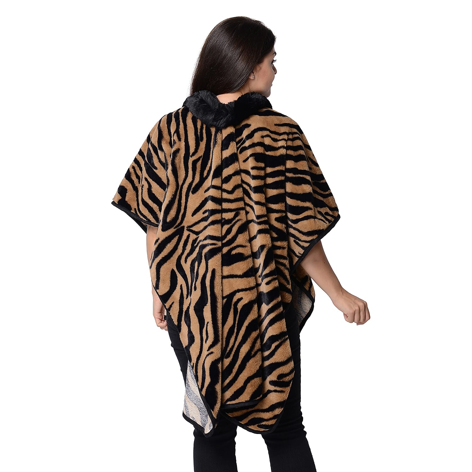 Tiger Pattern Winter Kimono with Faux Fur Collar (Size 79x99 Cm) - Brown and Black