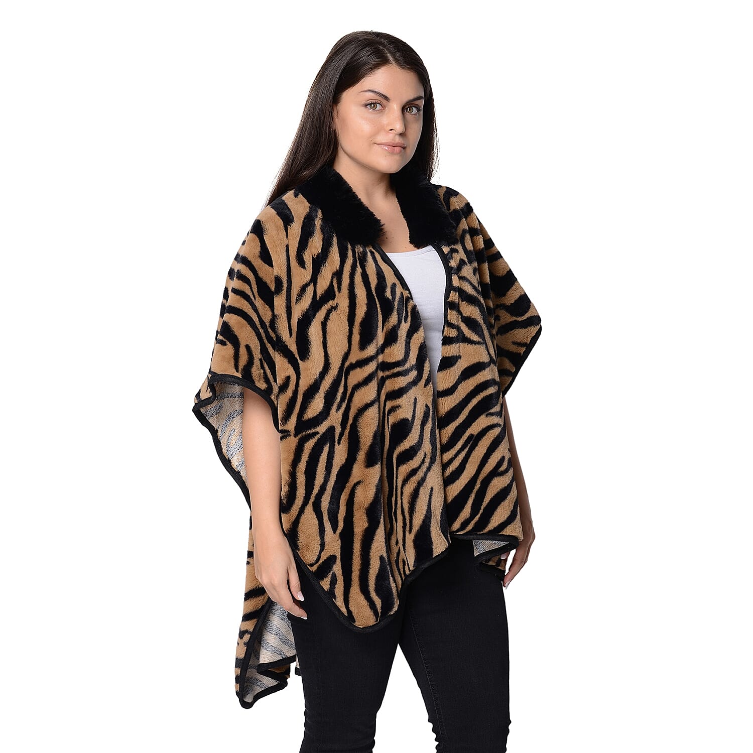 Tiger Pattern Winter Kimono with Faux Fur Collar (Size 79x99 Cm) - Brown and Black