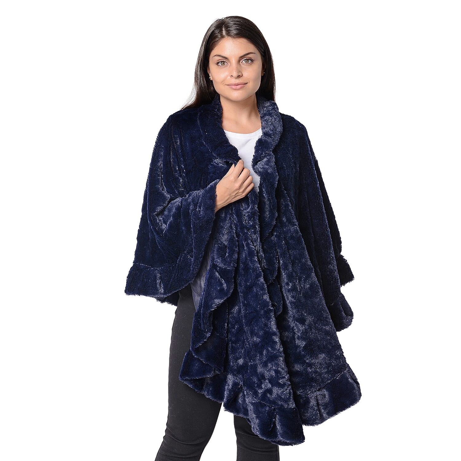 Super Soft Faux Fur Free Size Wrap with Loose Silhouette with Ruffle Border (L-70 Cm) - Navy Blue