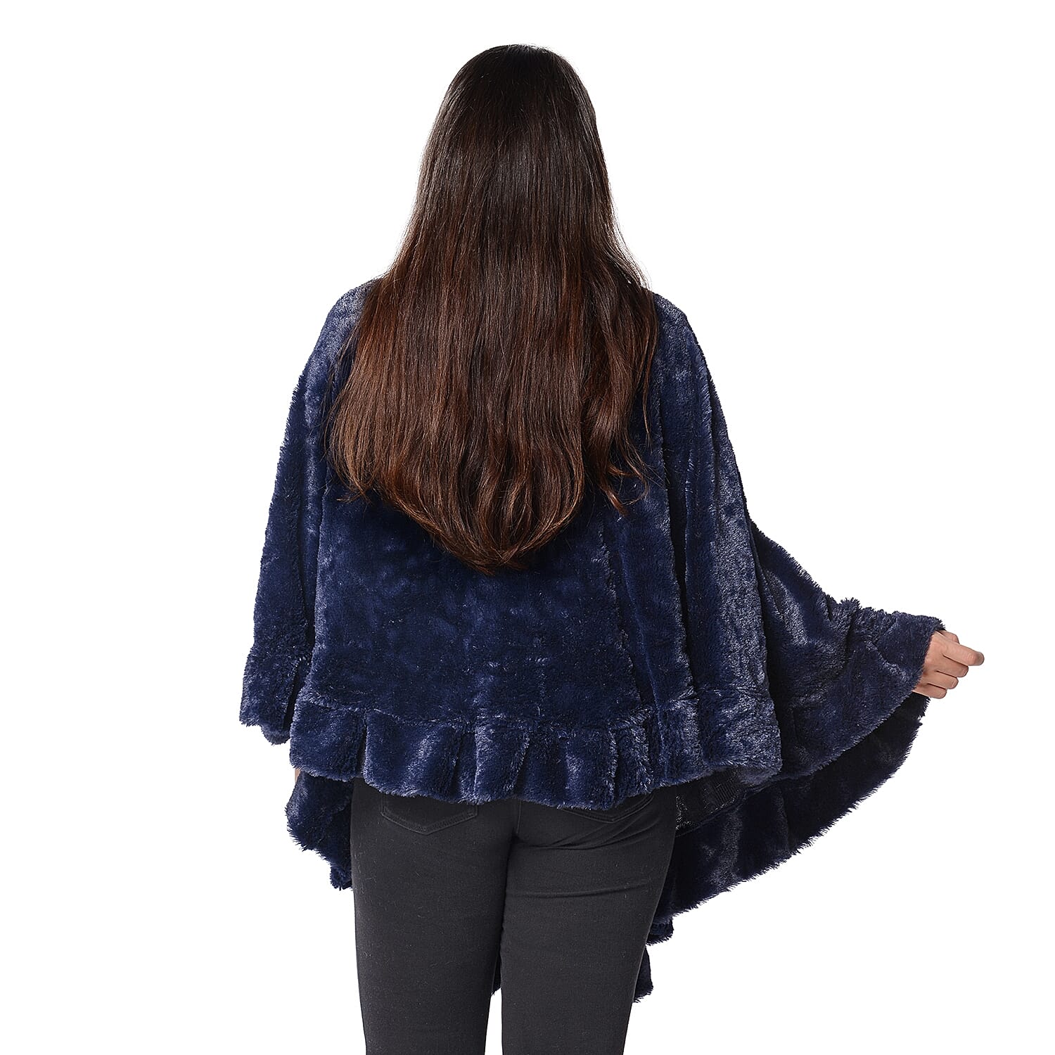 Super Soft Faux Fur Free Size Wrap with Loose Silhouette with Ruffle Border (L-70 Cm) - Navy Blue