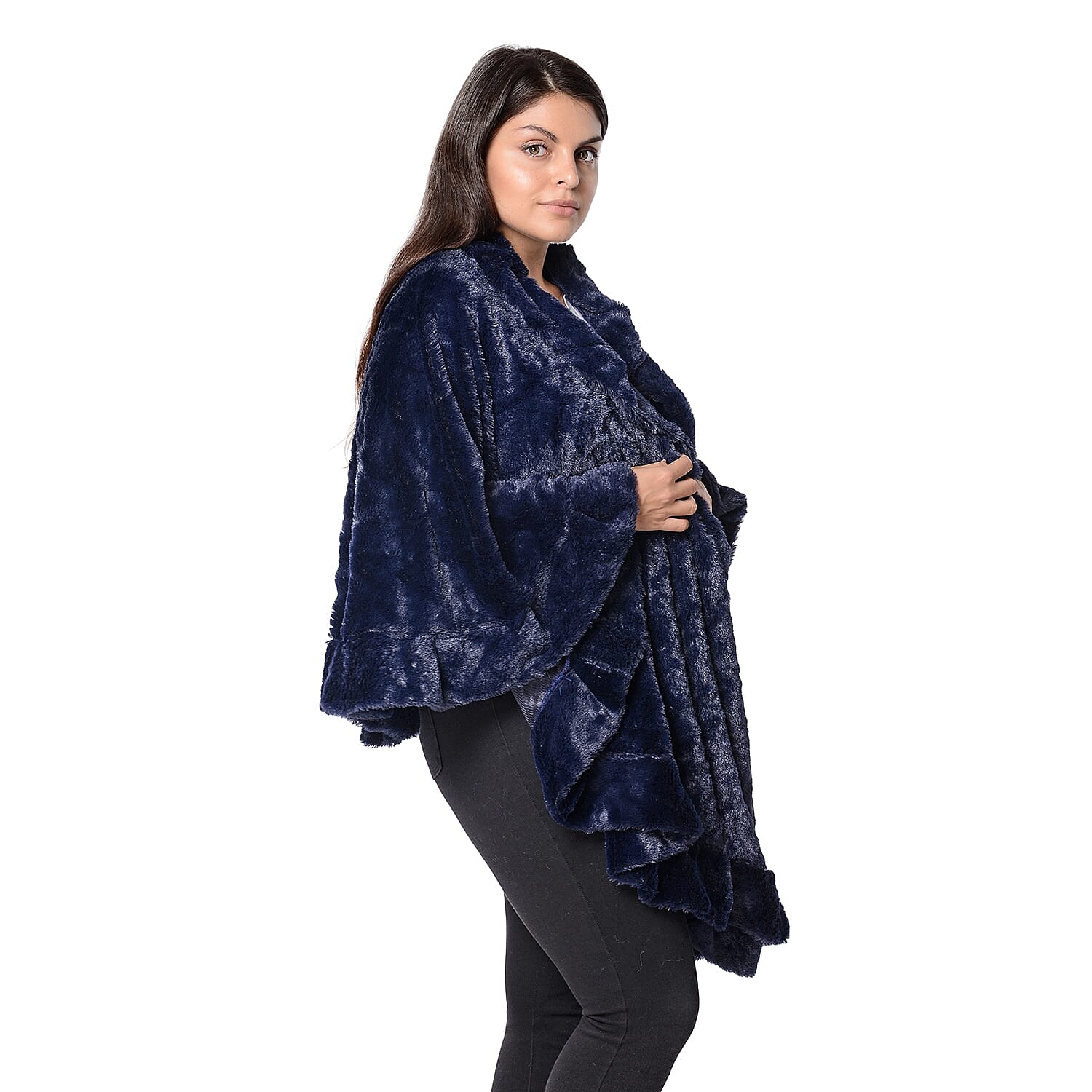 Super Soft Faux Fur Free Size Wrap with Loose Silhouette with Ruffle Border (L-70 Cm) - Navy Blue