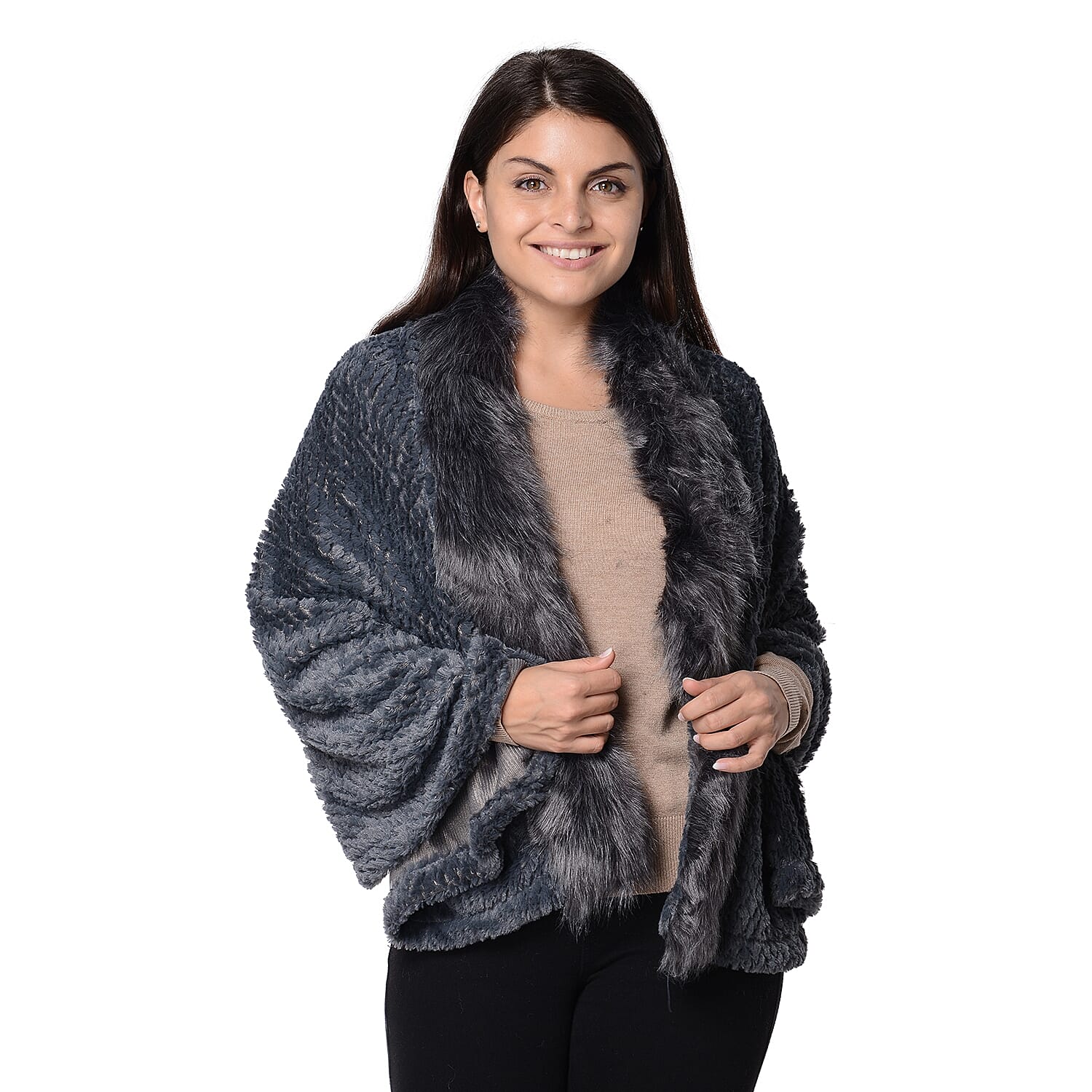 Super Soft Faux Fur Wrap with Pineapple Pattern (Size 152x59 Cm) - Dark Grey