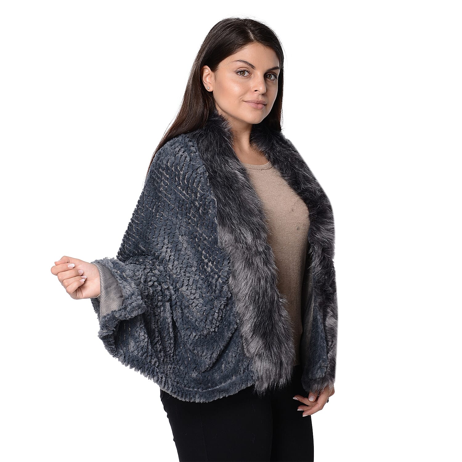 Super Soft Faux Fur Wrap with Pineapple Pattern (Size 152x59 Cm) - Dark Grey
