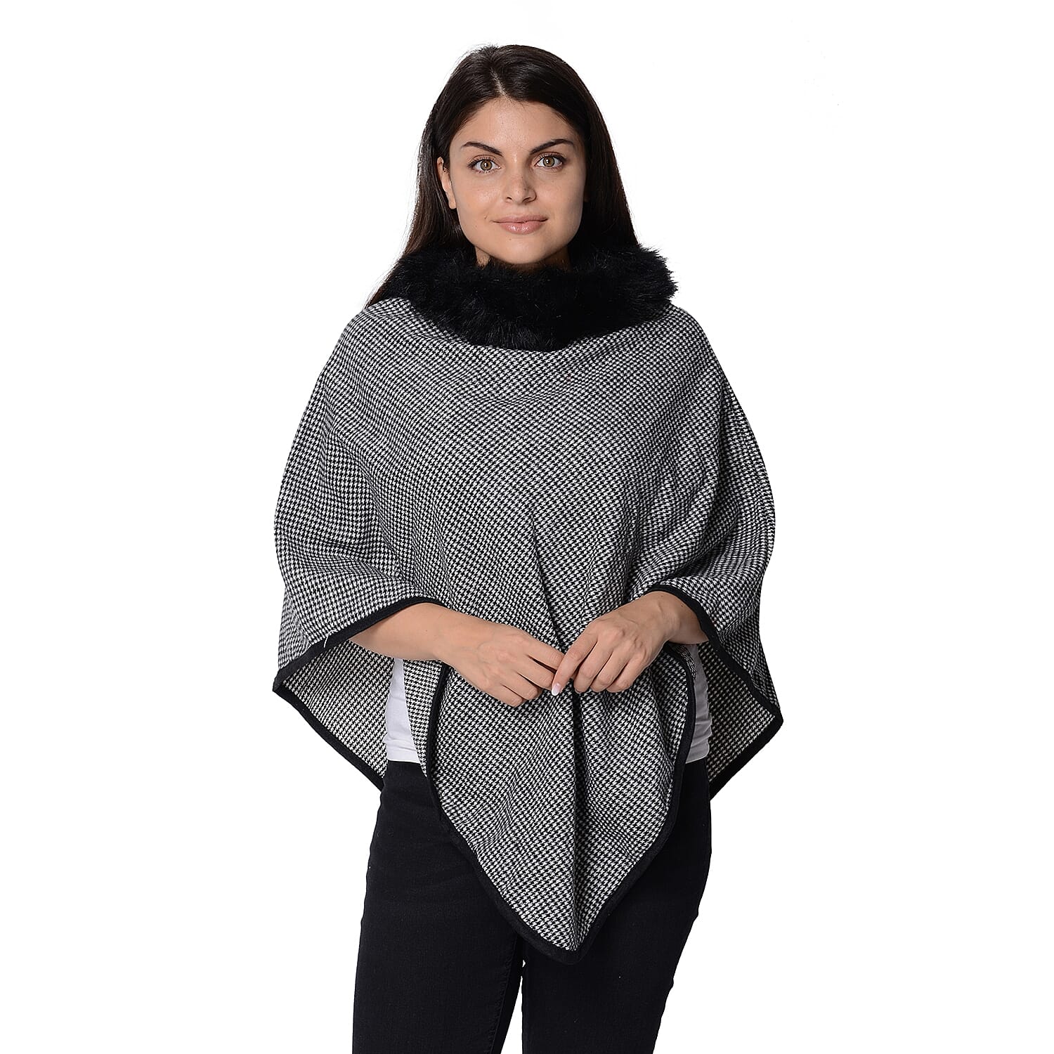 Pied De Poule Pattern Winter Poncho with Faux Fur Collar (Size 83x97 Cm) - Grey and Black