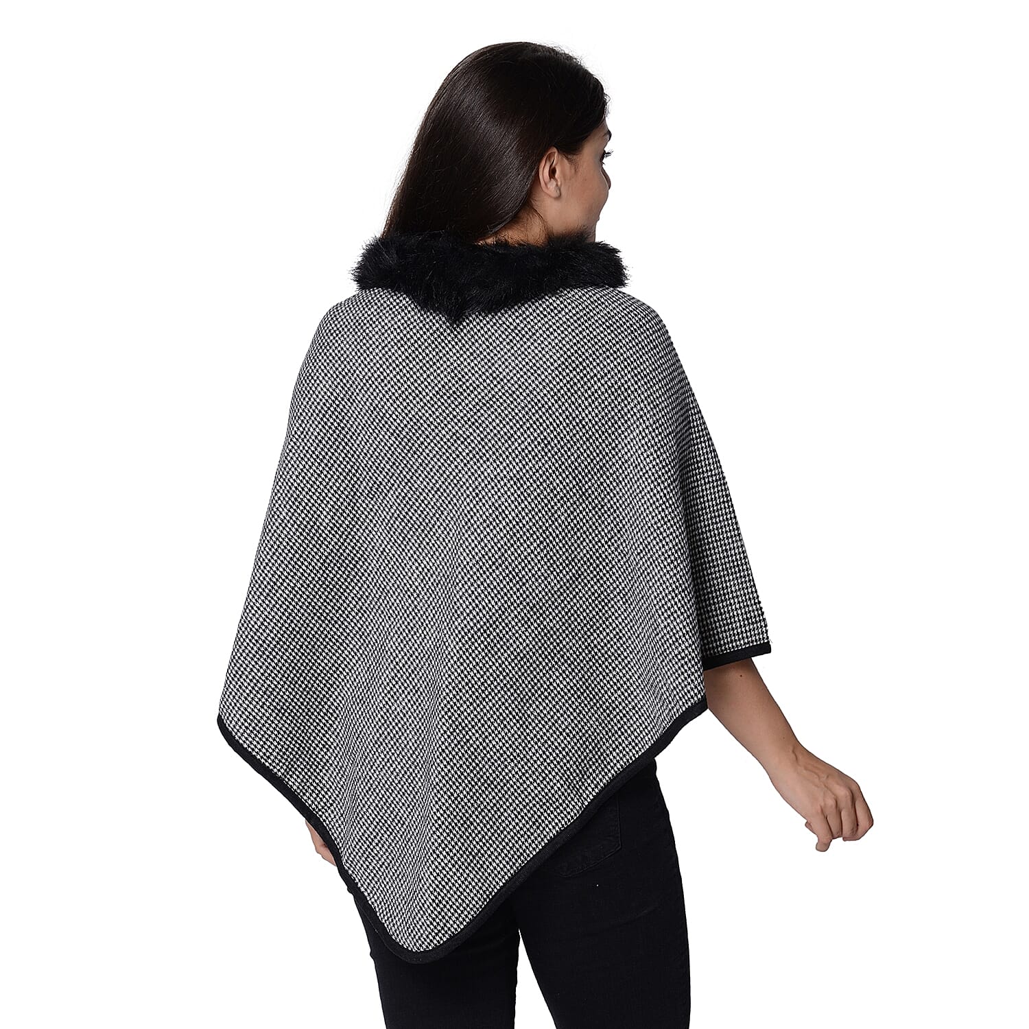 Pied De Poule Pattern Winter Poncho with Faux Fur Collar (Size 83x97 Cm) - Grey and Black