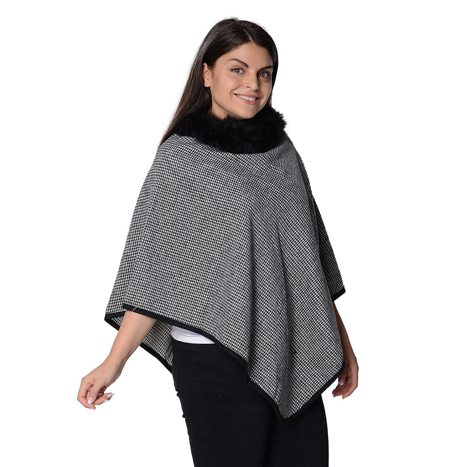 Pied De Poule Pattern Winter Poncho with Faux Fur Collar (Size 83x97 Cm) - Grey and Black
