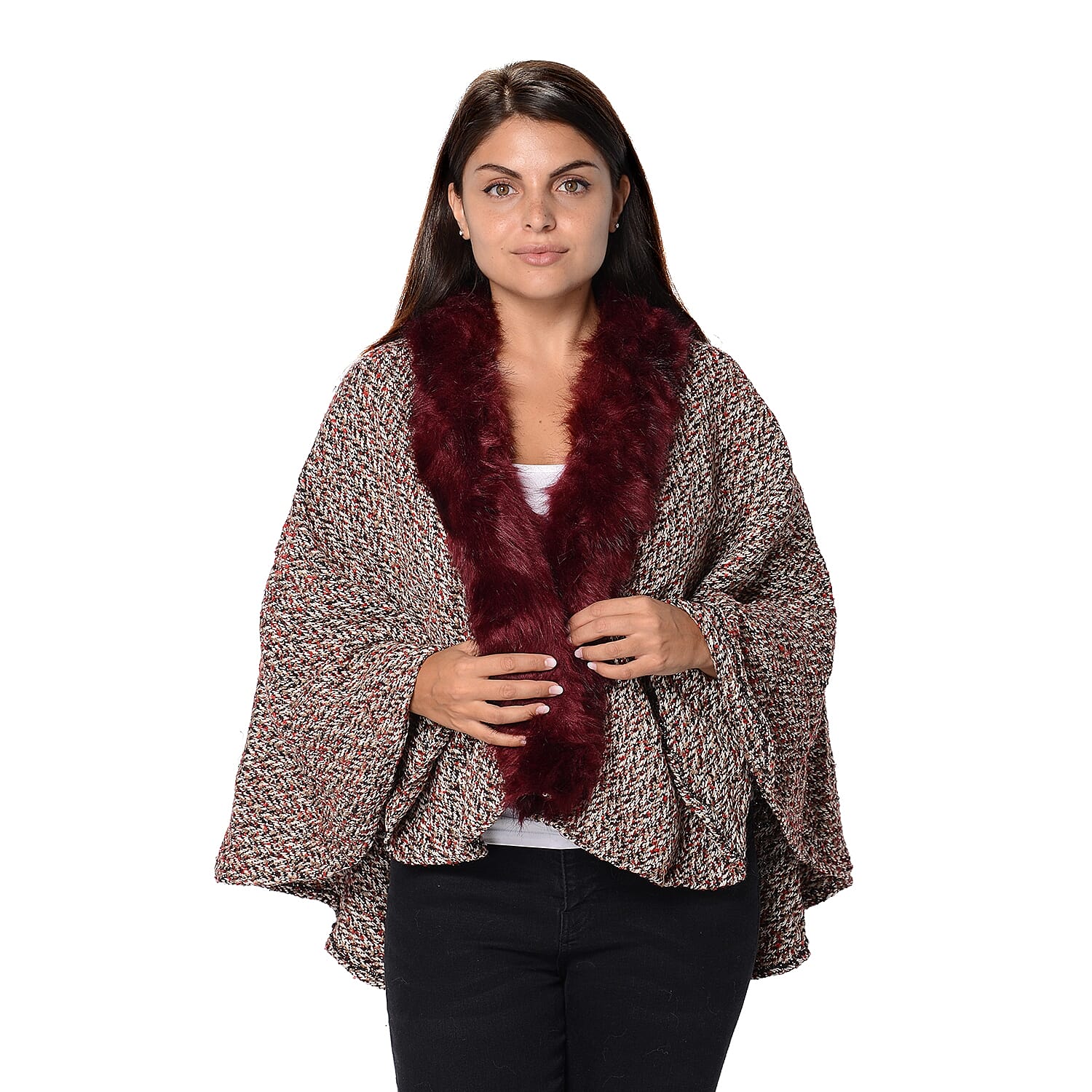 Soft Winter Free Size Kimono with Faux Fur Collar (L-85 Cm) - White and Wine Mix