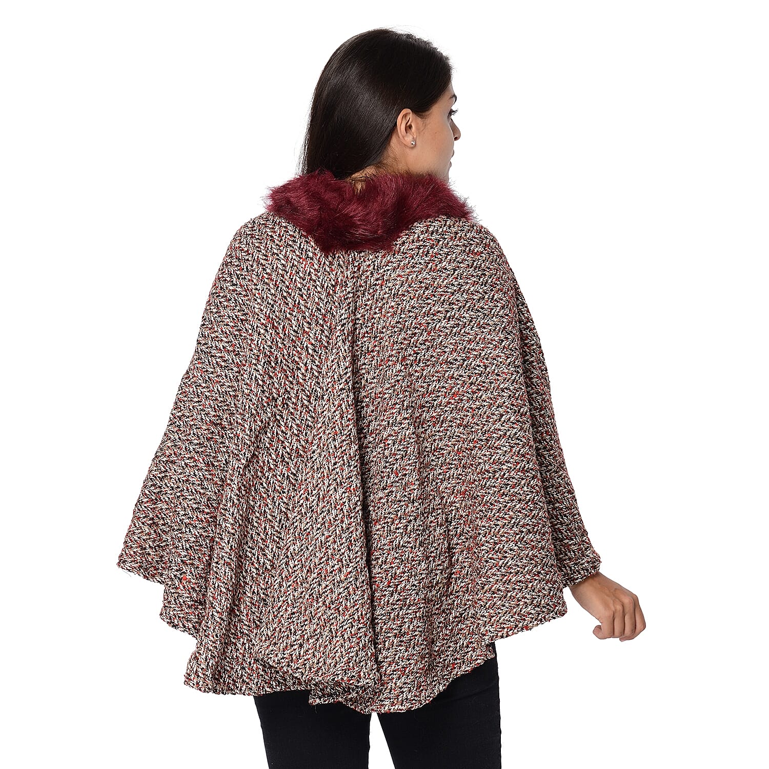 Soft Winter Free Size Kimono with Faux Fur Collar (L-85 Cm) - White and Wine Mix