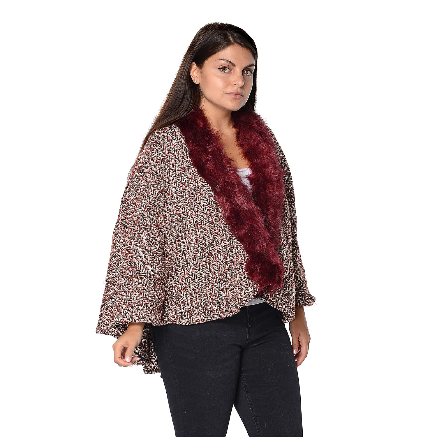 Soft Winter Free Size Kimono with Faux Fur Collar (L-85 Cm) - White and Wine Mix