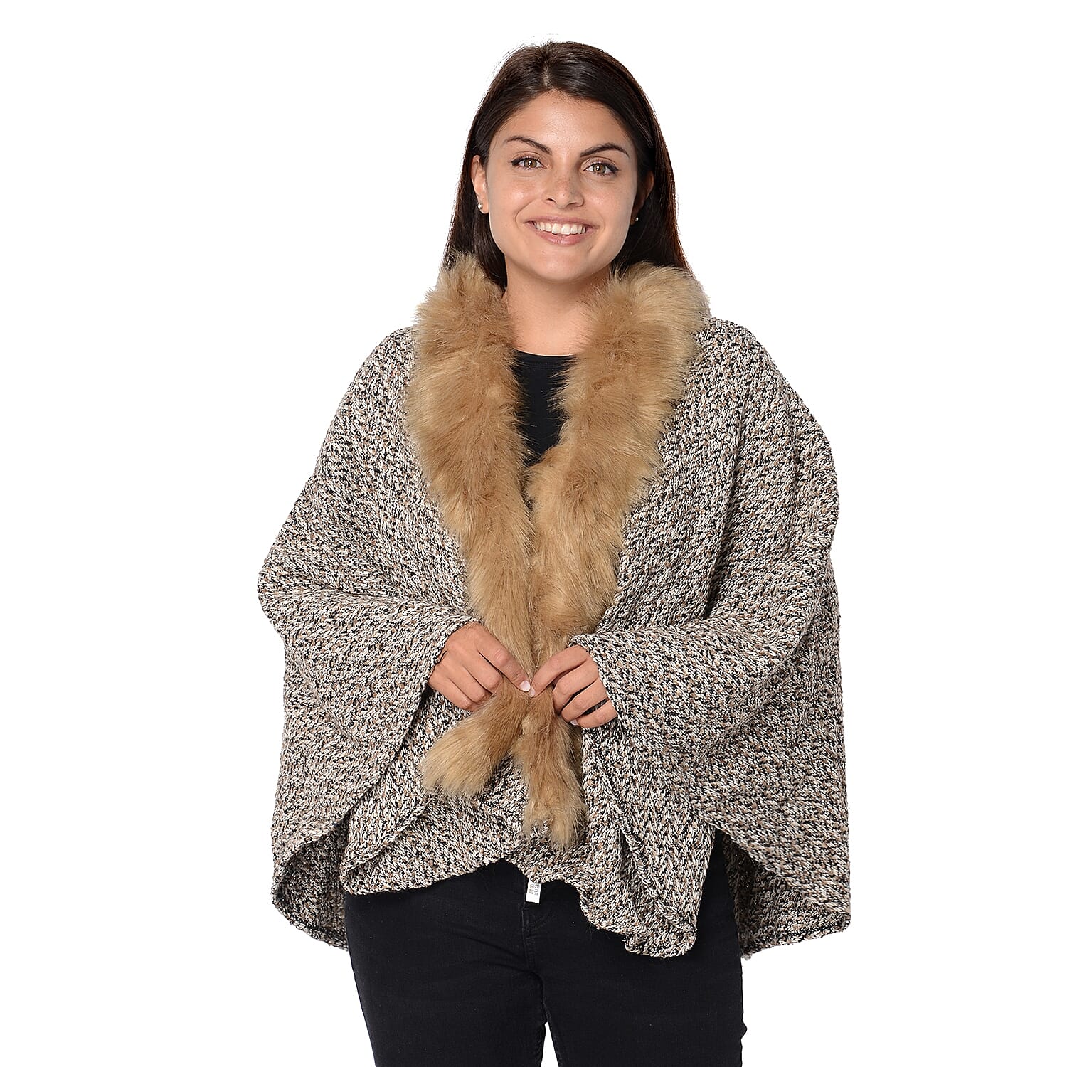 Soft Winter Free Size Kimono with Faux Fur Collar (L-85 Cm) - Khaki, Black and White Mix