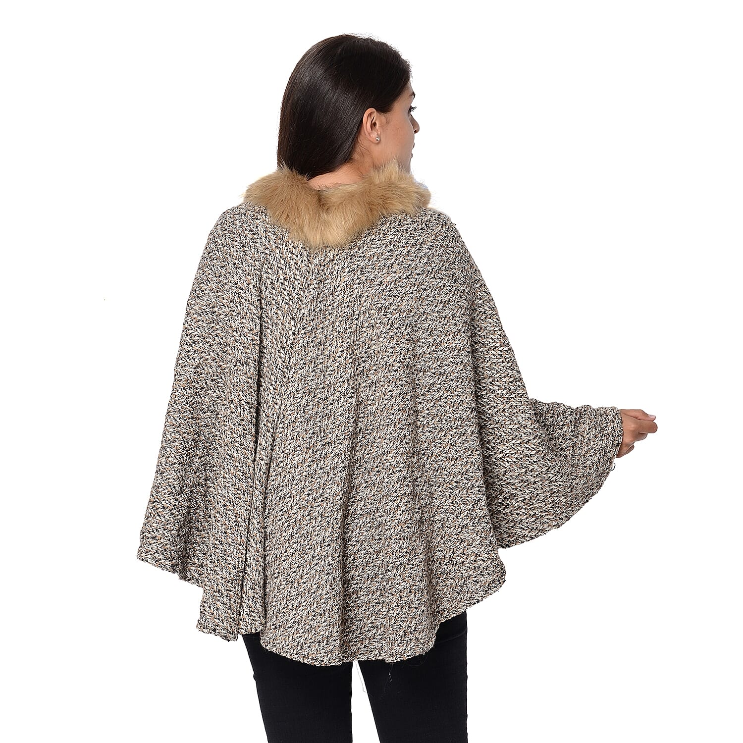 Soft Winter Free Size Kimono with Faux Fur Collar (L-85 Cm) - Khaki, Black and White Mix