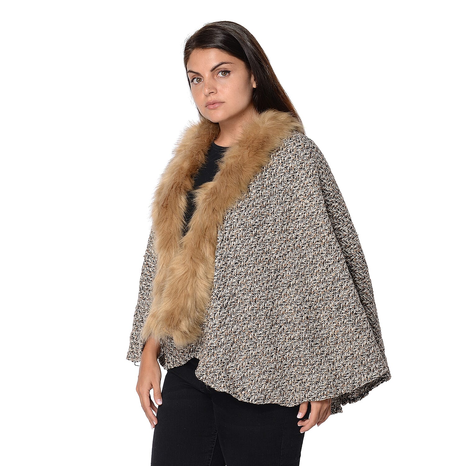 Soft Winter Free Size Kimono with Faux Fur Collar (L-85 Cm) - Khaki, Black and White Mix